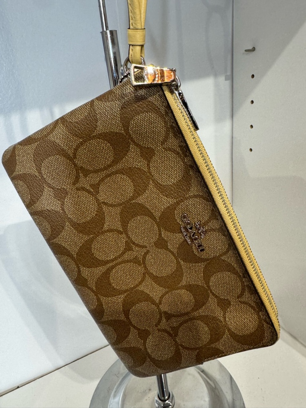 Coach Brown Signature Canvas Wristlet with Yellow Trim